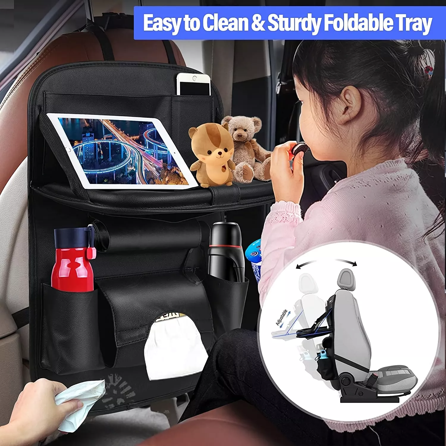 2730-ac3981 Luxury PU Leather Car Seat Back Organizer with Foldable Tray - Image 1